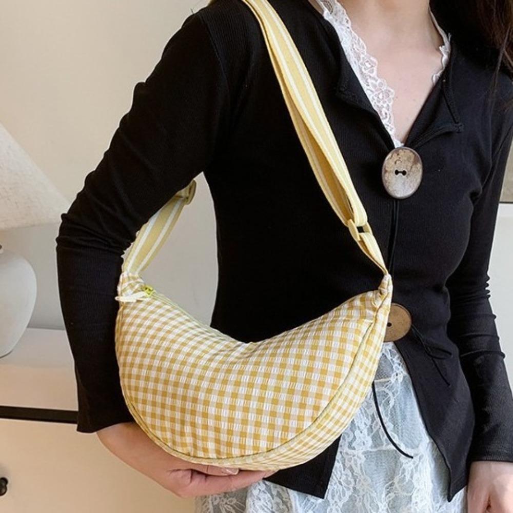 Adjustable Strap Plaid Shoulder Bag Canvas Dumpling Bag Fashion Nylon Crossbody Bag  Outdoor