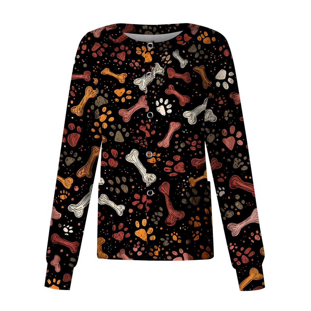 Women's Long Sleeve Top, Casual Uniform with Print, Single Pocket, Lightweight Work Shirt for