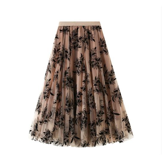 Women A-Line Skirt 3D Embroidered Leaf Print Double-Layered Mesh Tulle High Waist
