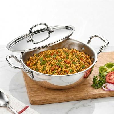 Triply Stainless Steel Kadai with SS Lid 24 Cm, Tri Ply SS Kadhai, Heavy Bottom Induction Base Cookware, Stainless Steel Cooking Pot
