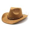 Beliebter Wildleder Western Cowboyhut mit aufgebogenem Rand für Damen und Herren, Outdoor-Reisehut, gerollte Krempe, ethnischer Stil, Zylinder
