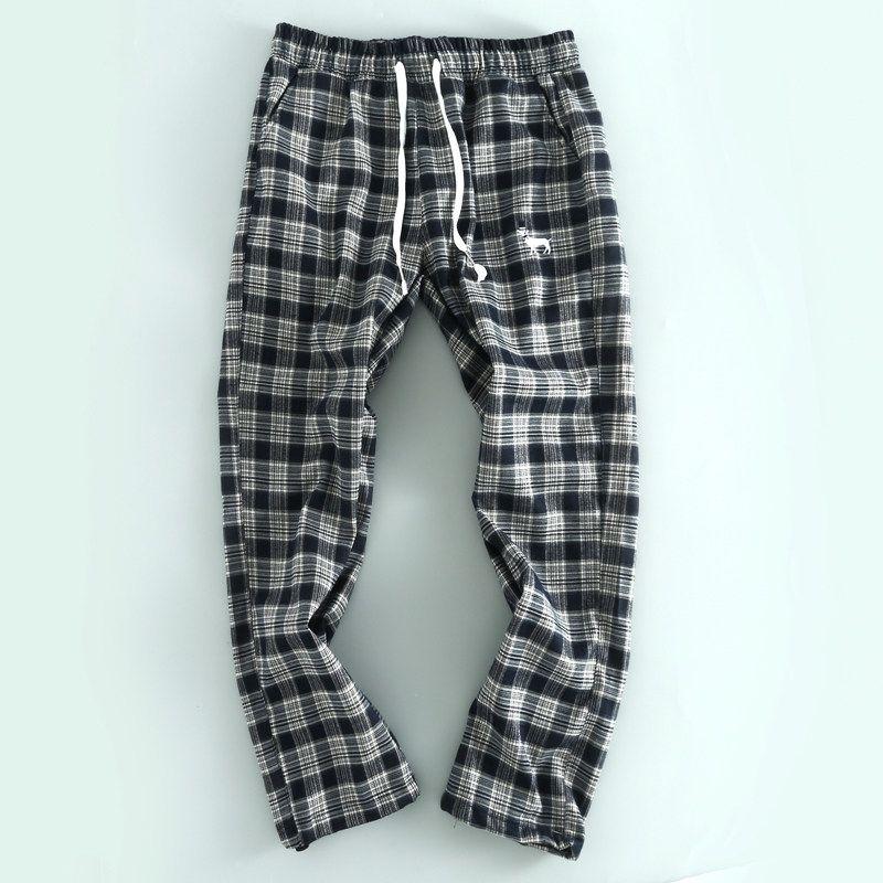 Great Home Goods~ Japanese-Style Brushed Fabric! Spring and Autumn Men s Versatile Elastic Waist Washed Plaid Brushed Men s Long Pants Navy Blue Plaid M