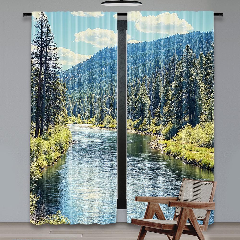 Landscape Curtains Scenic Mountain Pine Trees Flowing River Foliage Daytime Nature View Bedroom Living Room Set Of 2 Made Polyester Area Decor
