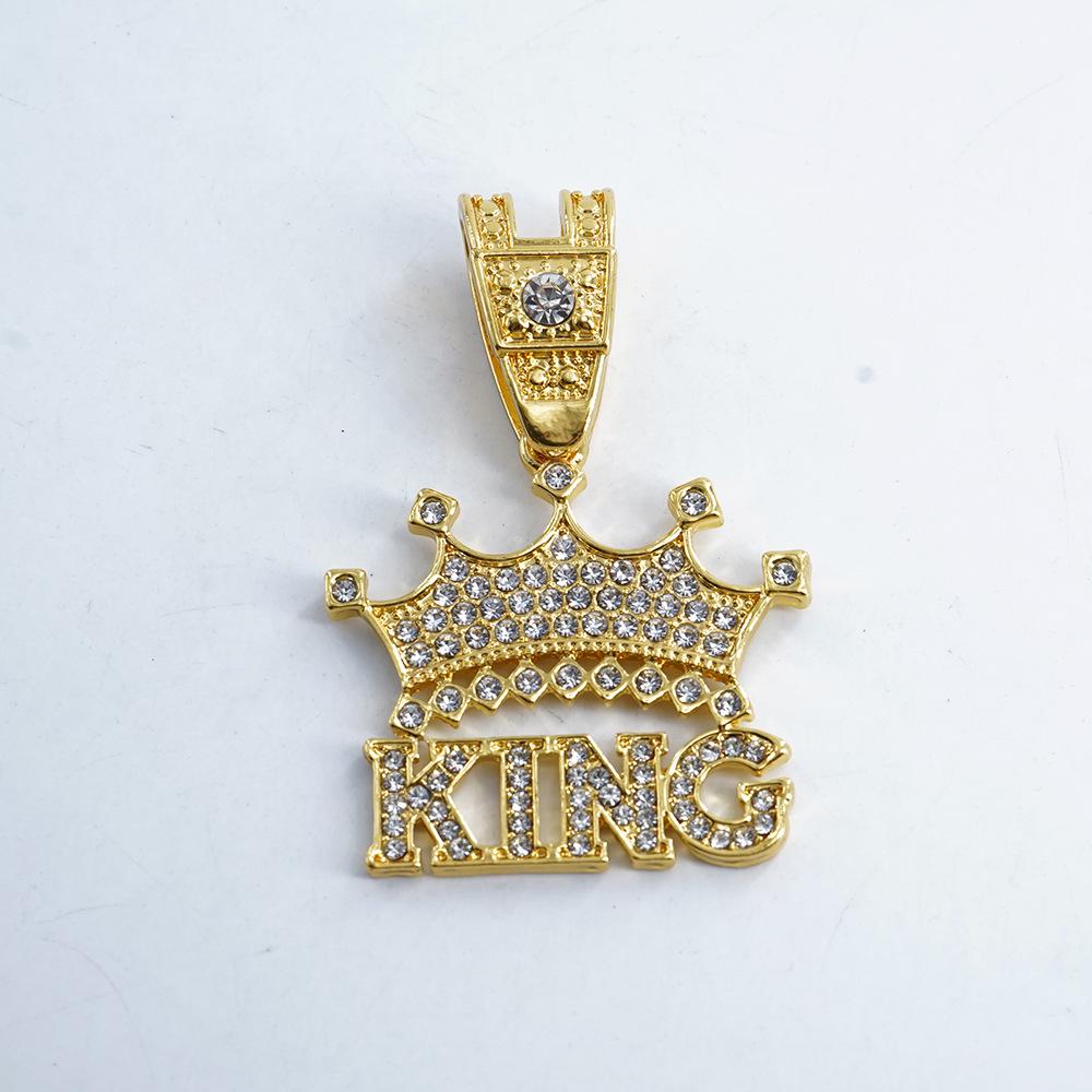 Hot Sale: Creative Full-Diamond Letter King Crown Pendant Necklace, Hip-Hop Style, Alloy, Rhinestone, Cuban Chain Necklace