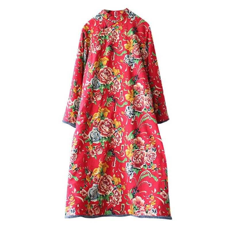 Johnature Women Plush Padded Print Floral Dress Vintage Stand Loose Long Sleeve Dresses Winter Cotton Linen Clothing