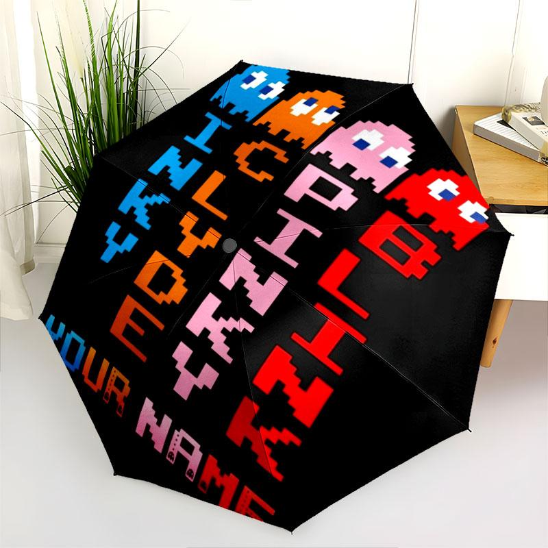 1 PC Automatic Folding Umbrella - Pac-Man Custom Name Pattern, Portable & Foldable Design with 8 Ribs, Christmas Birthday Gifts