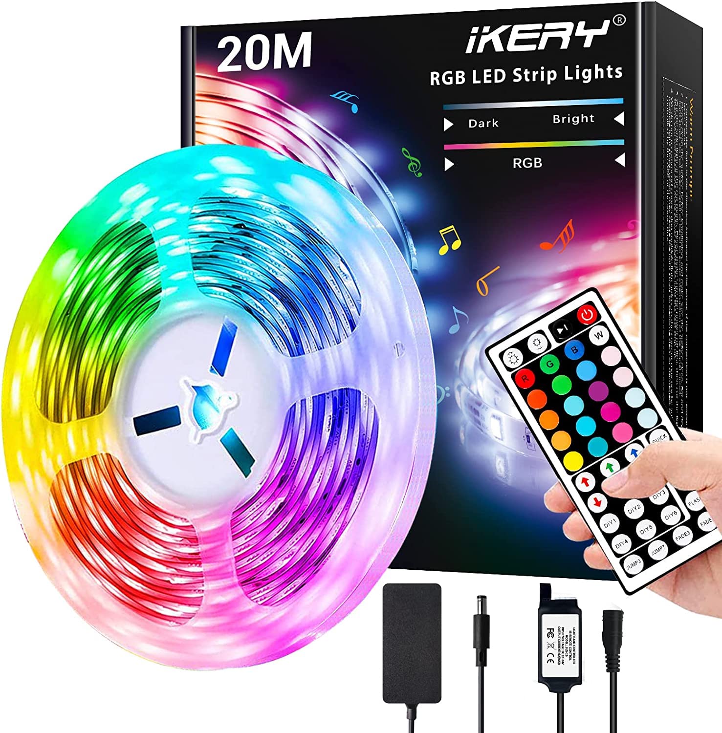 

IKERY 20M RGB LED Strip Light, SMD5050, High Brightness, Double-Sided Tape, PSE 4-Pin Cuttable, Dimmable, Color Adjustable, Indirect Lighting, Easy