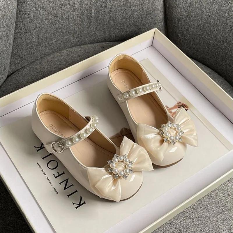 2024 New Soft Kids Fashion Girls Mary Jane Shoes Bow with Pearls Versatile Simple Children Casual Shoes Platform Moccasin Shoes