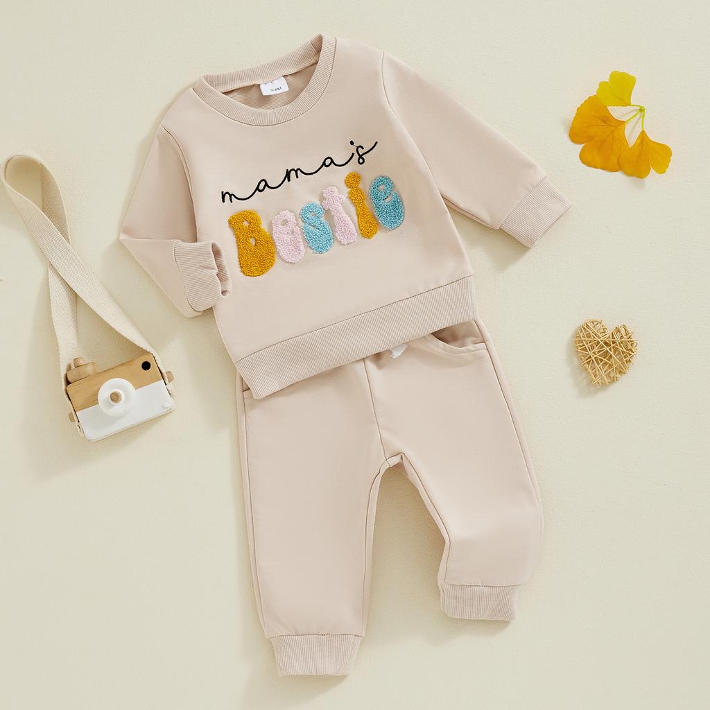 Toddler Girls Fall Sets Letter Embroidered Long Sleeve Round Neck Sweatshirt Drawstring Pocket Long Pants Outfits