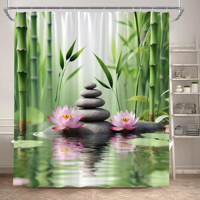 Zen Shower Curtain Natural Flowers Butterfly Grey Stone Reflection Spa Scenery Home Bathroom Decor Polyester Fabric Bath Curtain