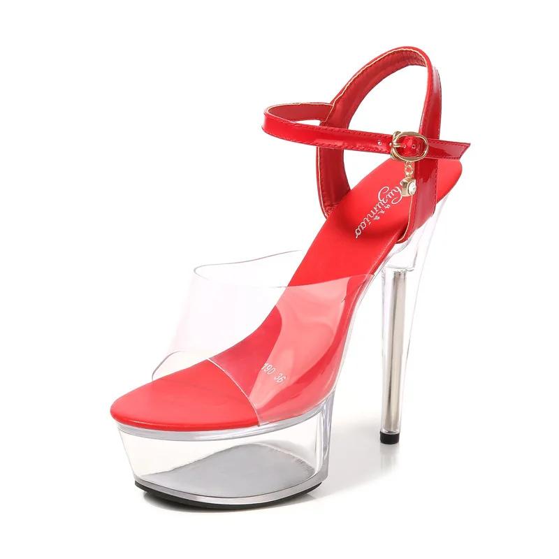 Fashion 34-43 Sexy Super High Heel Shoes 15CM Slim Heel Platform Sandals Transparent Crystal Shoes Wedding Shoes Banquet