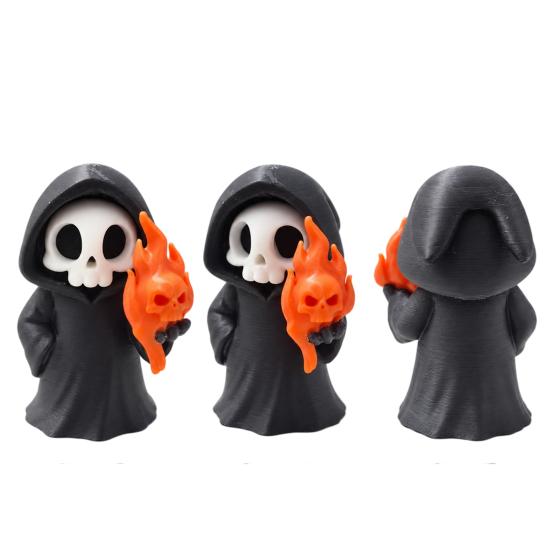 Decorative Figurine for Kids Cute Grim Reaper Halloween Figurine, 3D Printed Spooky Little Desk Decor Statue with Flame Skull, Desktop Ornament,