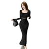 Long-sleeved Mesh Stitching Pure Desire Sexy Slim-fitting Hip-wrapped Fishtail Skirt Autumn and Spring Waist Beautiful Super Good-looking Dress