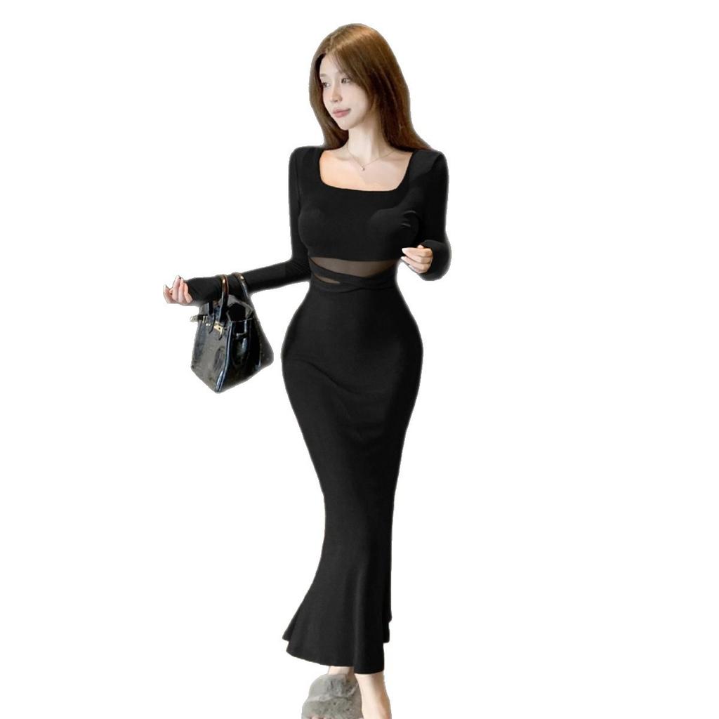 Long-sleeved Mesh Stitching Pure Desire Sexy Slim-fitting Hip-wrapped Fishtail Skirt Autumn and Spring Waist Beautiful Super Good-looking Dress