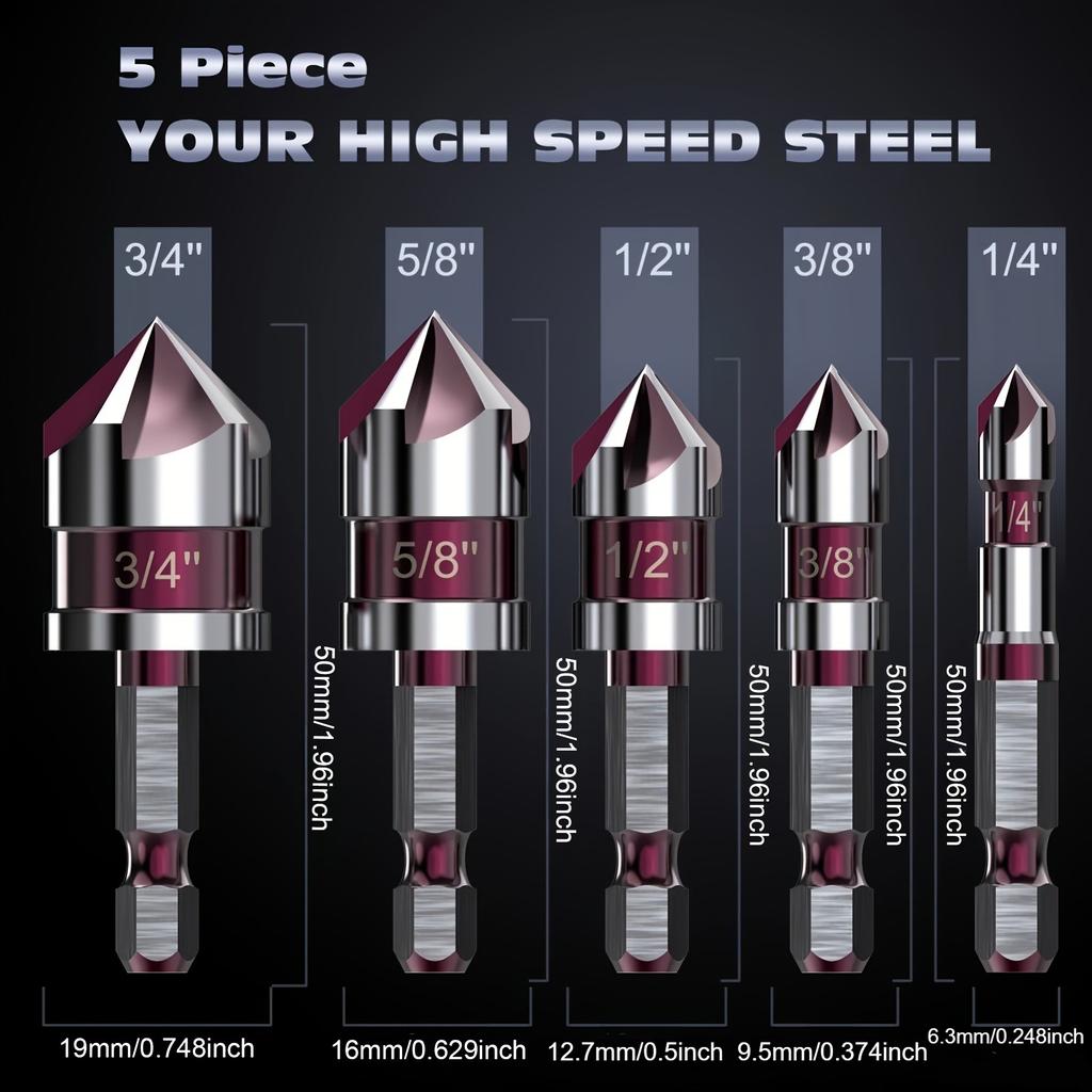 Set 5 buc Burghie de frezat cu alezor din aliaj de cobalt M35 cu unghi de 82 de grade și coadă hexagonală de 1/4 inch - Potrivit pentru găurirea metalului, lemnului și plasticului