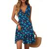Women's Dress V-neck Sleeveless Casual Floral Print Hem Pleated Dress