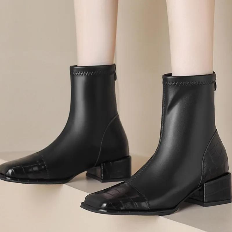 

Модная женская обувь 2024 года, фирменные женские ботинки с молнией сзади, модные современные ботинки с квадратным носком, горячая распродажа, цветные сапоги до середины икры 35 чёрный