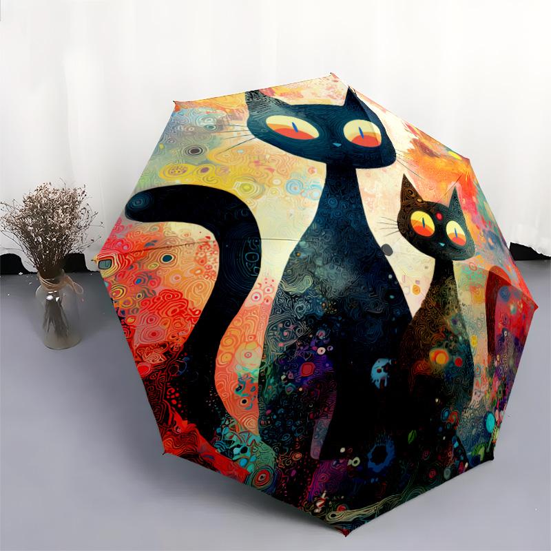 0106 Colorful Cat pattern, automatic folding umbrella, portable and foldable design, 8 ribs, a Christmas or birthday gift.