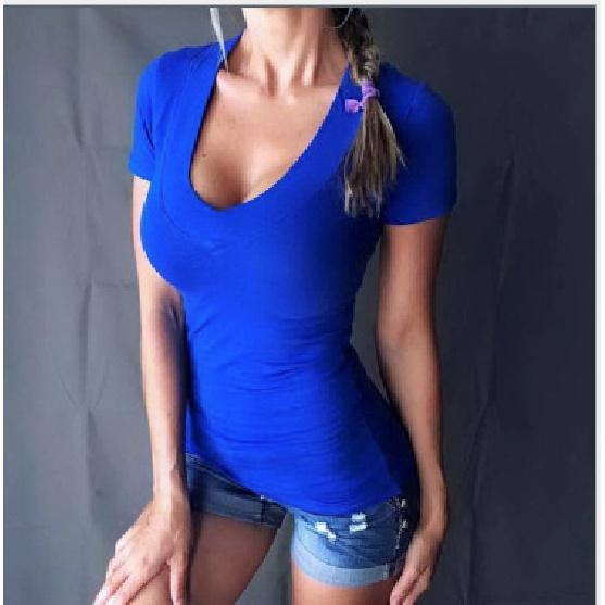 Jaro Léto Podzim Jednobarevné Krátký rukáv Výstřih do V Jednoduché Tričko Slim Fit Sexy Temperament Módní Top Dámské Oblečení