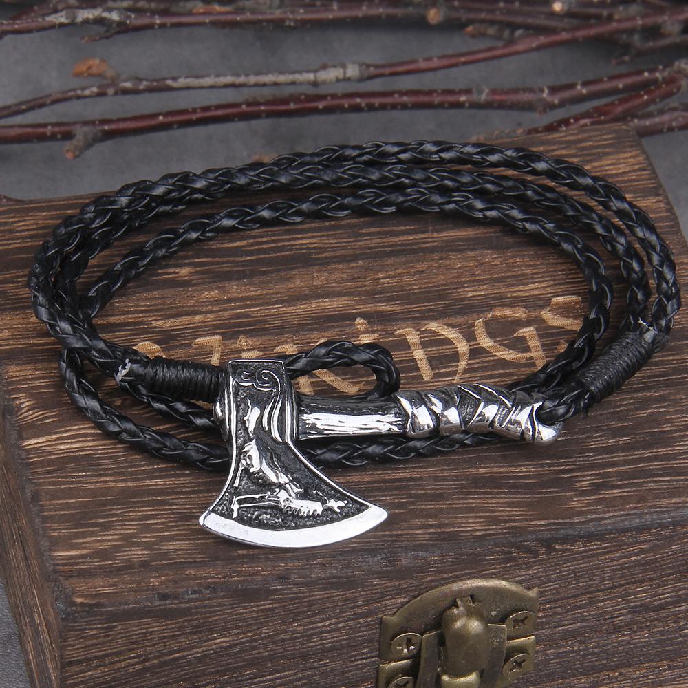 Viking Valknut Axe Leather Bracelet for Men Women Nordic Jewelry Gift with Wooden Box