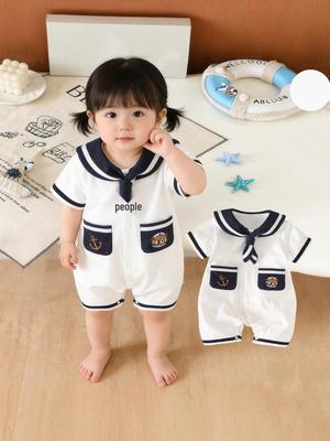 Tuta corta a maniche corte da bambino con Orso Cartone Animato Marinaio Blu per l'Estate
