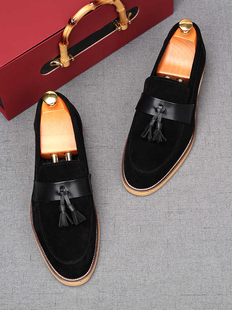 Fashion Fashion New Men's Pointed Tassels Suede Genuine Leather Flats Shoes Designer Male Homecoming Wedding Dress Footwear