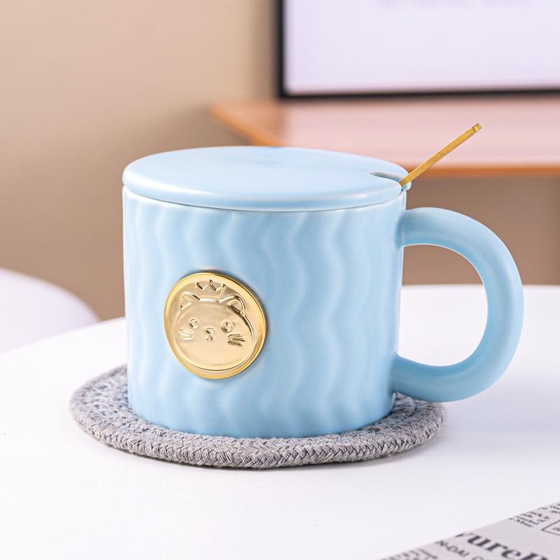 Nordic style ins creative relief wavy ceramic cup with lid household personalized simple coffee cup