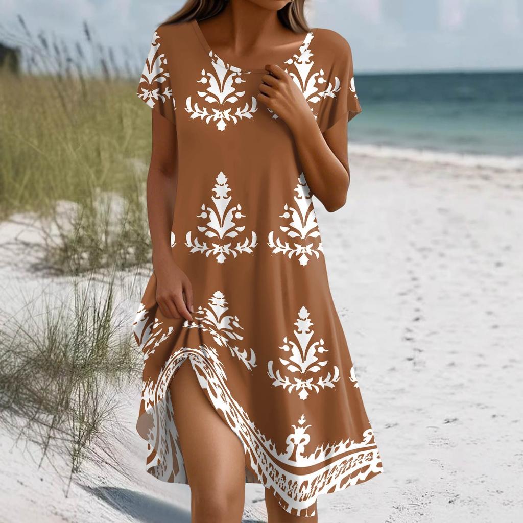 Women's Summer Short Sleeve Round Neck Floral Print Bohemian Dress With Pockets