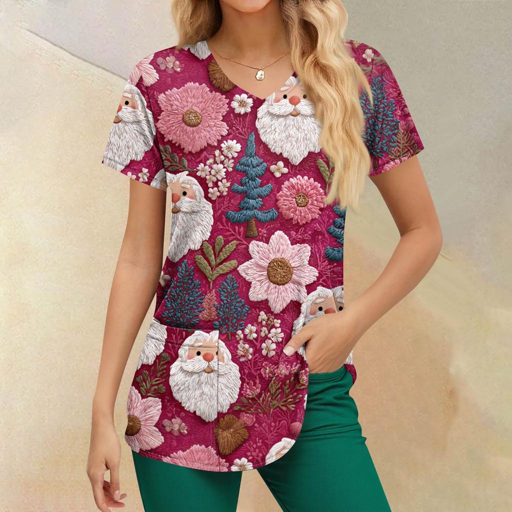 Women's Christmas Printing Short Sleeve V-neck Tops Working Pocket Blouse