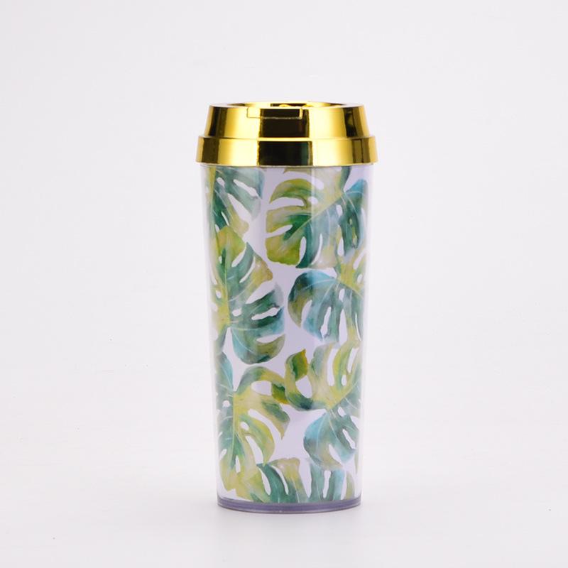 Double Layer Thickened Coffee Cup Insert Card Flower 16Oz Plastic Water Cup Heat Insulation Portable Water Cup