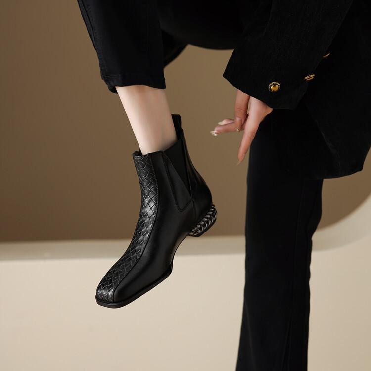 Fashion NEW Autumn/Winter Women Boots Square Toe Chunky Heel Shoes Split Leather Shoes for Women Slip-on Ankle Boots Black Modern Boots