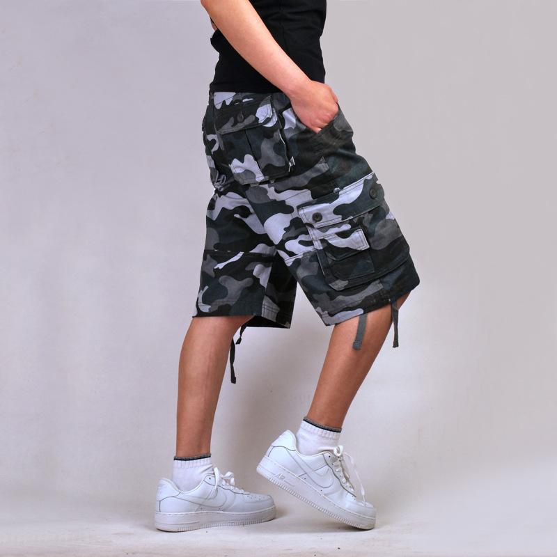 Men solid khaki multi pocket cargo knee shorts loose fit outdoor street casual walking bottoms