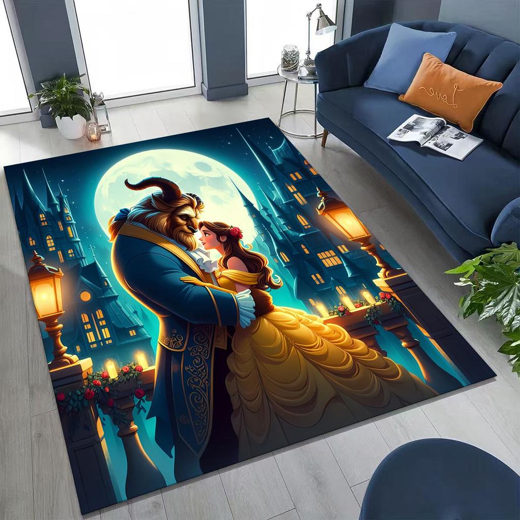 3D Lovely Beauty and The Beast Cartoon Rug for Bedroom Living Room Sofa Home Doormat Decor, Large Kids Play Non-slip Floor Mat