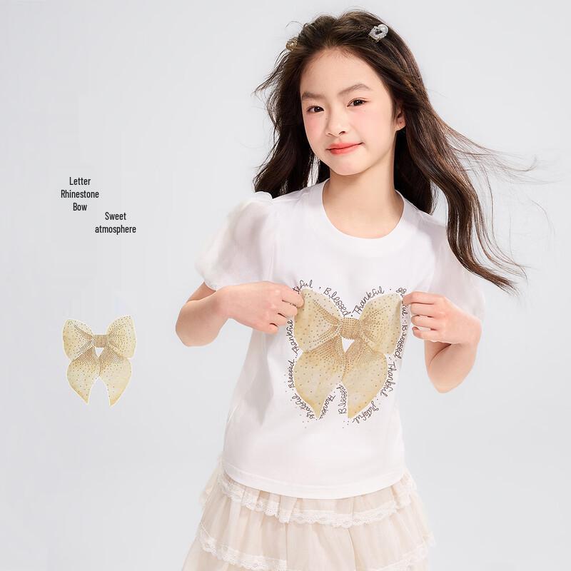 Girls' Rhinestone Bow Print Short Sleeve T-shirt