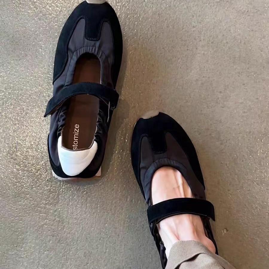 Cowhide version~ retro single shoes women's spring summer new Velcro ballet style training shoes flat casual sports shoes