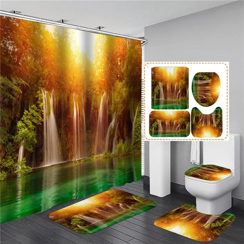 Full Set Bathroom Shower Curtain Set And Rugs Waterproof Fabric Furniture Accessory Zen Flow Water Bamboo For Bath Decoration