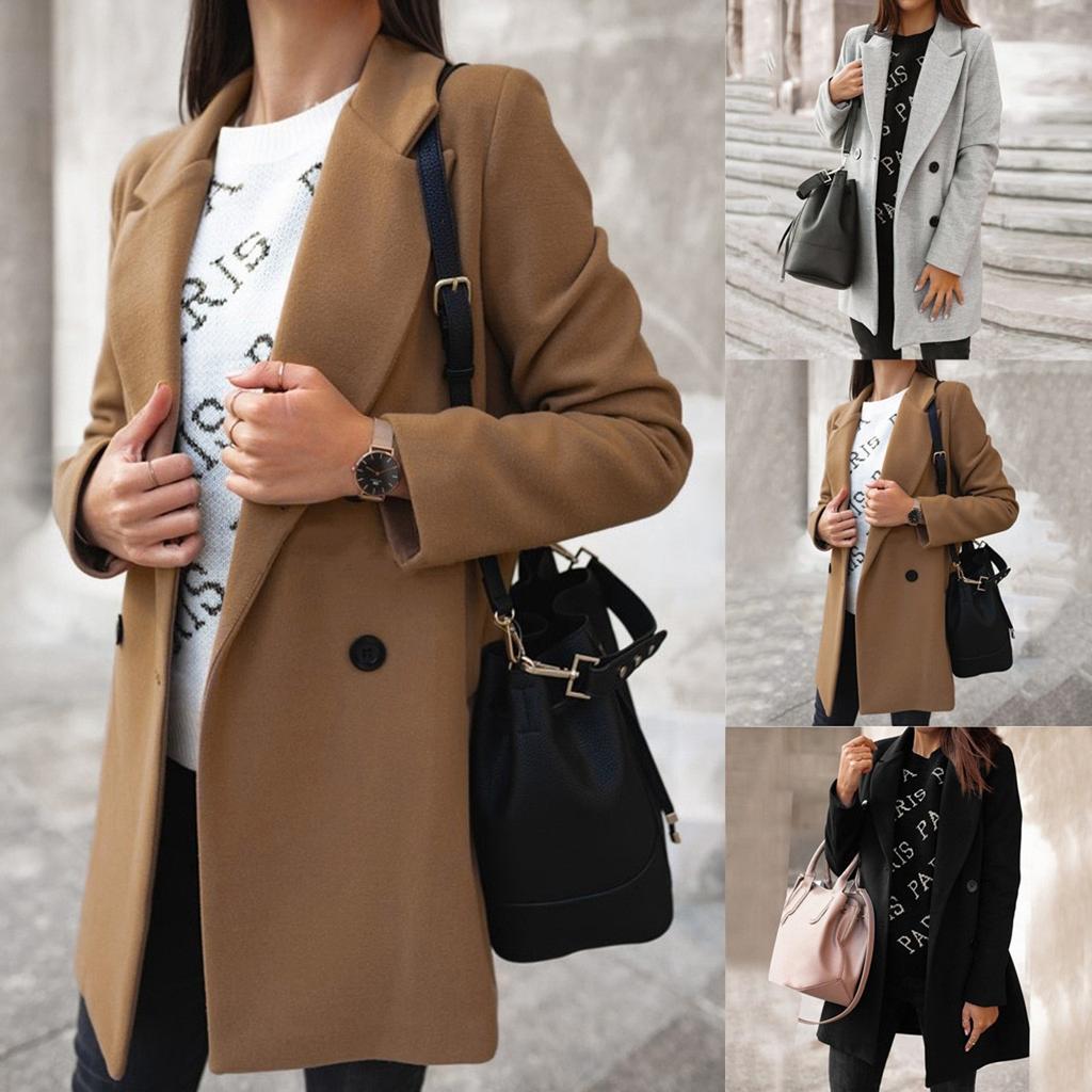 Fashion Women Trench Coat Ladies Winter Coats Suit Jacket Double-breasted Lapel Blazer Work OL Long Sleeve Casual Fashion Solid