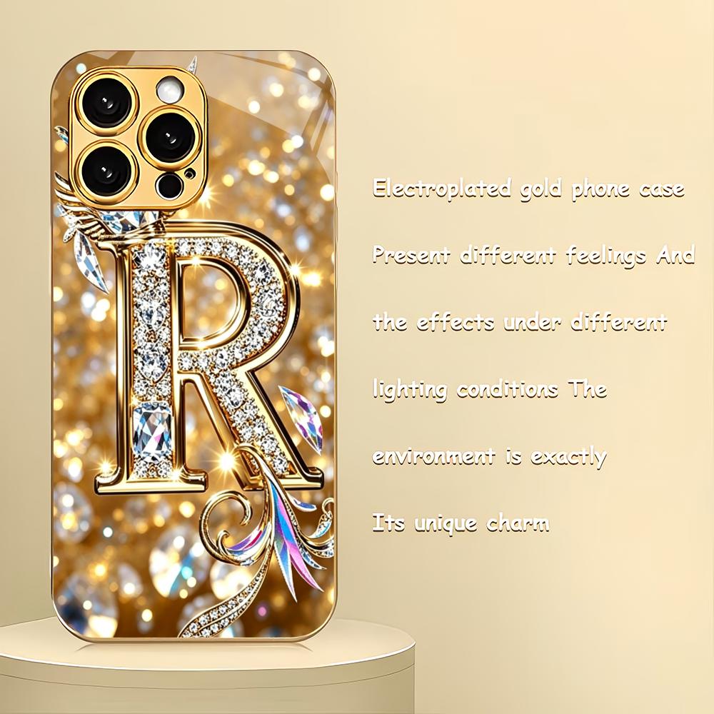 The Letter R Gold Plated Glass Phone Case Is Suitable for iPhone 17 16 15 14 13 12 11 Pro/Max/Plus Shockproof Back Cover
