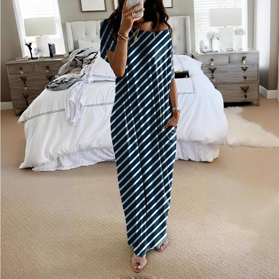 Sommer Neues Damen Einfarbiges Kurzarm Langes Lässiges Kleid