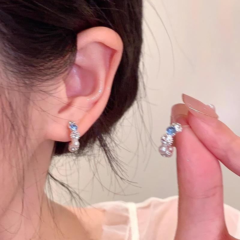 

ANENJERY Blue White Zircon Imitation Pearls C-shape Earrings for Women Girls Delicate Sweet New Fashion Jewelry Gifts Wholesale серебряный