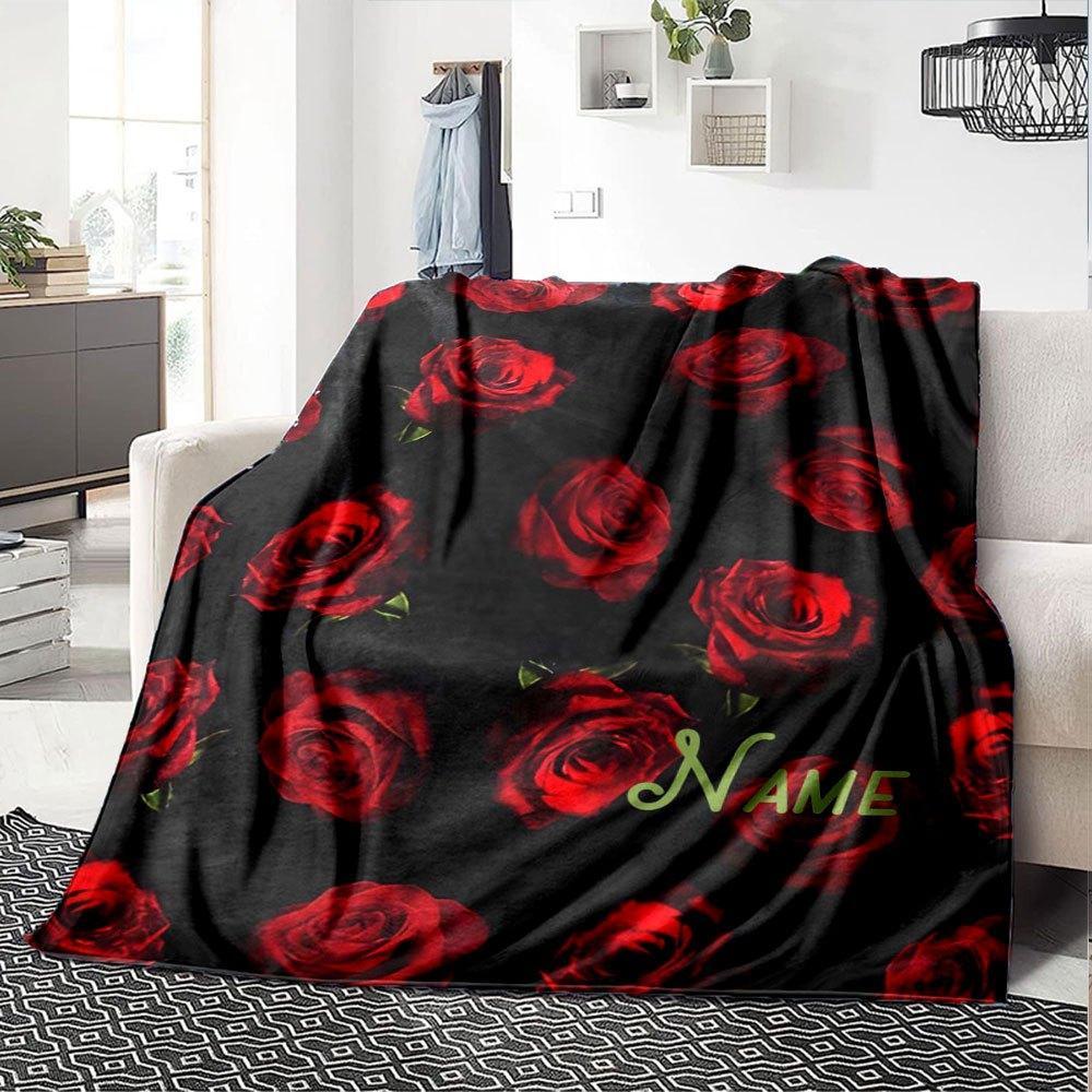 Red Roses On Black Fabric Gift Customizable Blanket Personalized Name Comfortable Texture Perfect For Sofa Couch Office Bed Picnics Ideal For All