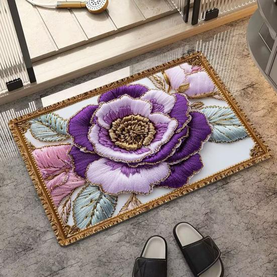 Floor Mat Non-Slip Rubber Backing Absorbent Quick-Drying Bath Rug Retro Style 3D Flower Pattern Kitchen Shower
