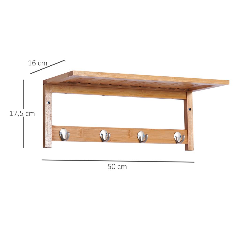 Wall Coat Rack Coat Rack with Hooks Wall-Mounted Space-Saving 5 Kg Load Capacity, 50 X 16 X 17.5 Cm Natural Wood
