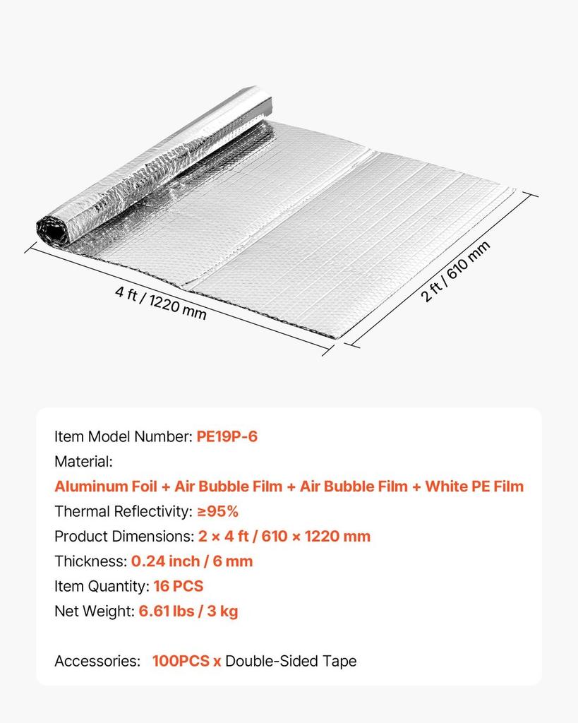 Double Reflective Insulation Sheet, 16PCS Double-Sided Aluminum Foil Radiant Barrier, 6mm 1.22 M X 0.61 M, Dual-Layer Air Bubble Heat Reflective