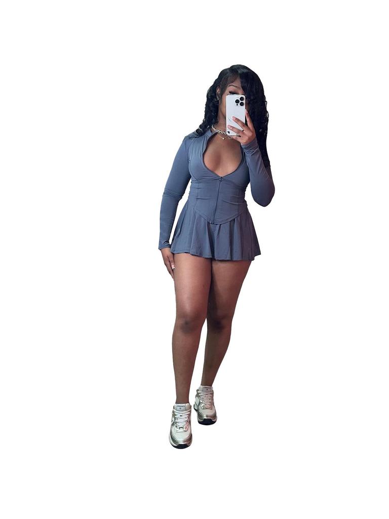 HR24029 Women's Sporty Casual Bodycon Waist-cinching Flared Skirt Set with Safety Shorts
