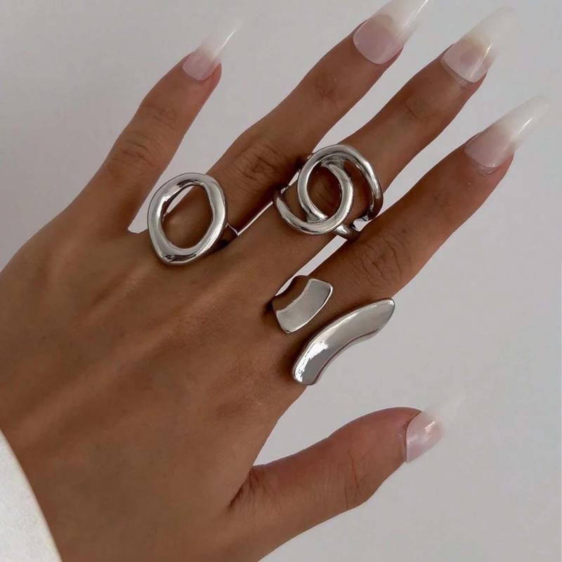 Hiphop Punk Exaggerated Asymmetrical Ring Set for Women Men Fashion Minimalist Geometric Hollow Round Unique Design Ring Jewelry