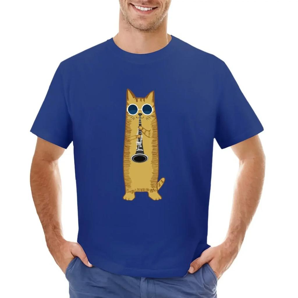 Cool Hippy Cat With Sunglasses Playing The Clarinet T-shirt Summer Tops New Edition Aesthetic Clothing Black T-shirts for Men