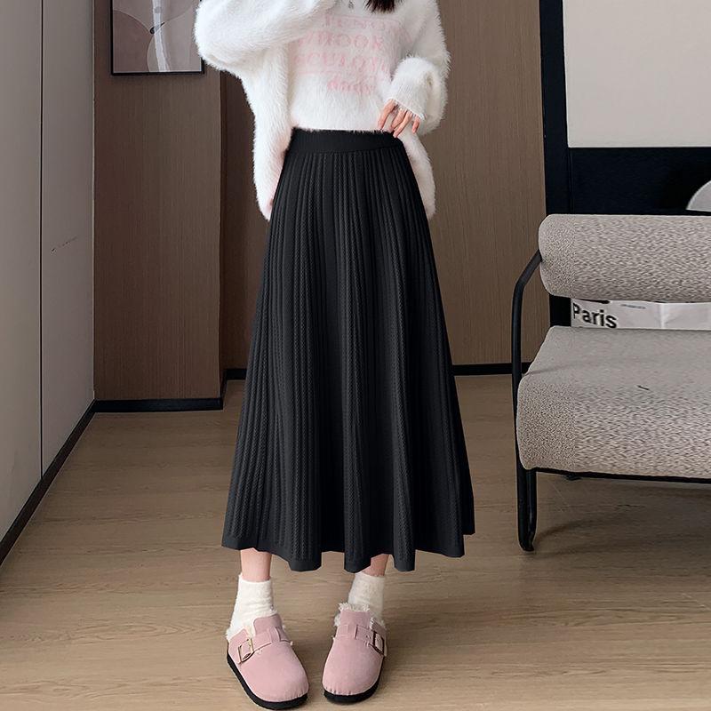 Korean Version Knitted Pleated Skirt Half Skirt, High Waisted A-line Mid Length Style, Elegant Soft and Glutinous Sweater Skirt