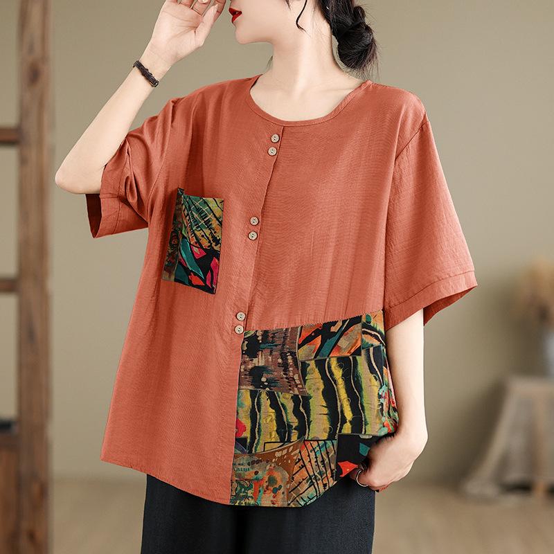 Mode Print Rundhals Kurzarm T-Shirts Damen Sommer Übergröße Locker Lässig Knöpfe Tee Tops Frauen 2025