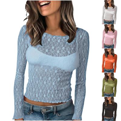 Modisches Damen Farbe Sexy Rundhals Spitze Langarm Schlank Transparent T-Shirt Top